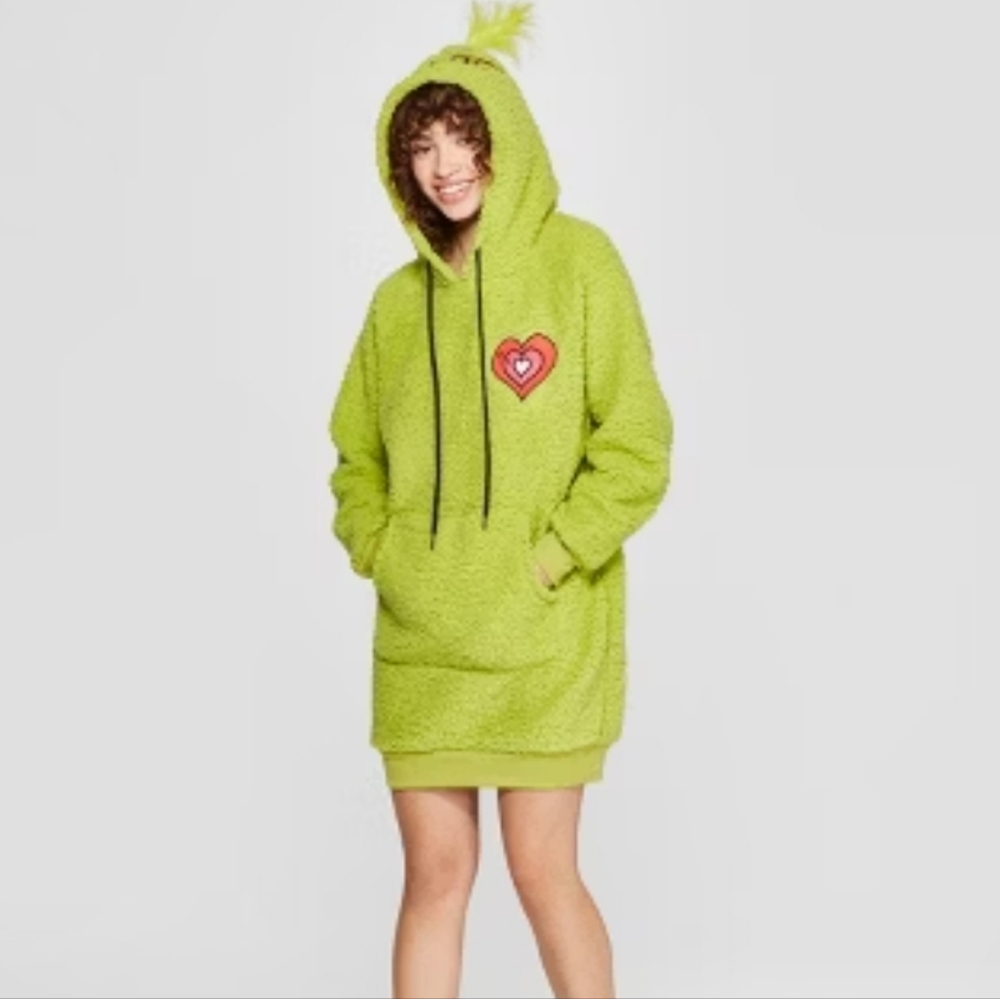 THE GRINCH Dr Seuss green sherpa long hoodie sweatshirt S